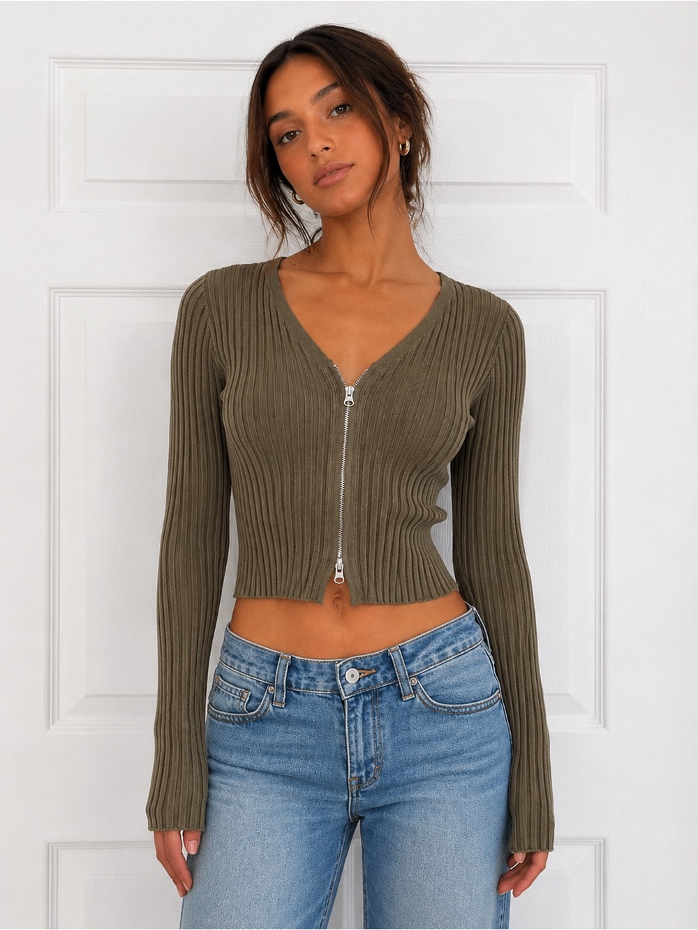 Aster Olive Ribbed Double Zip Knit Cardigan Sweater | Size Medium fits Small